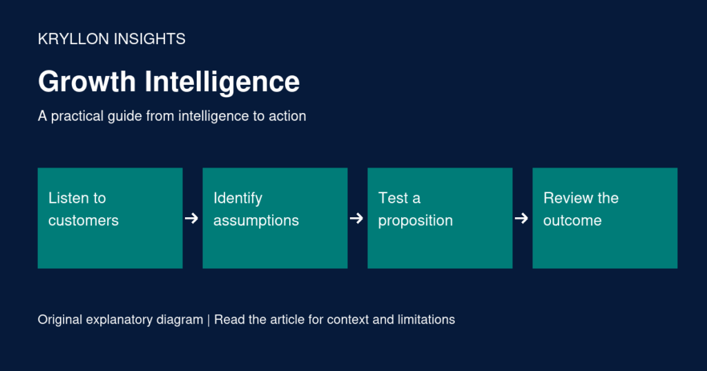 Growth decisions connect customer research, explicit assumptions, a proposition test and outcome review.